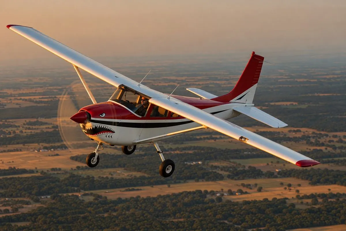 Avion Cessna rouge et blanc en vol au-dessus de la campagne marocaine