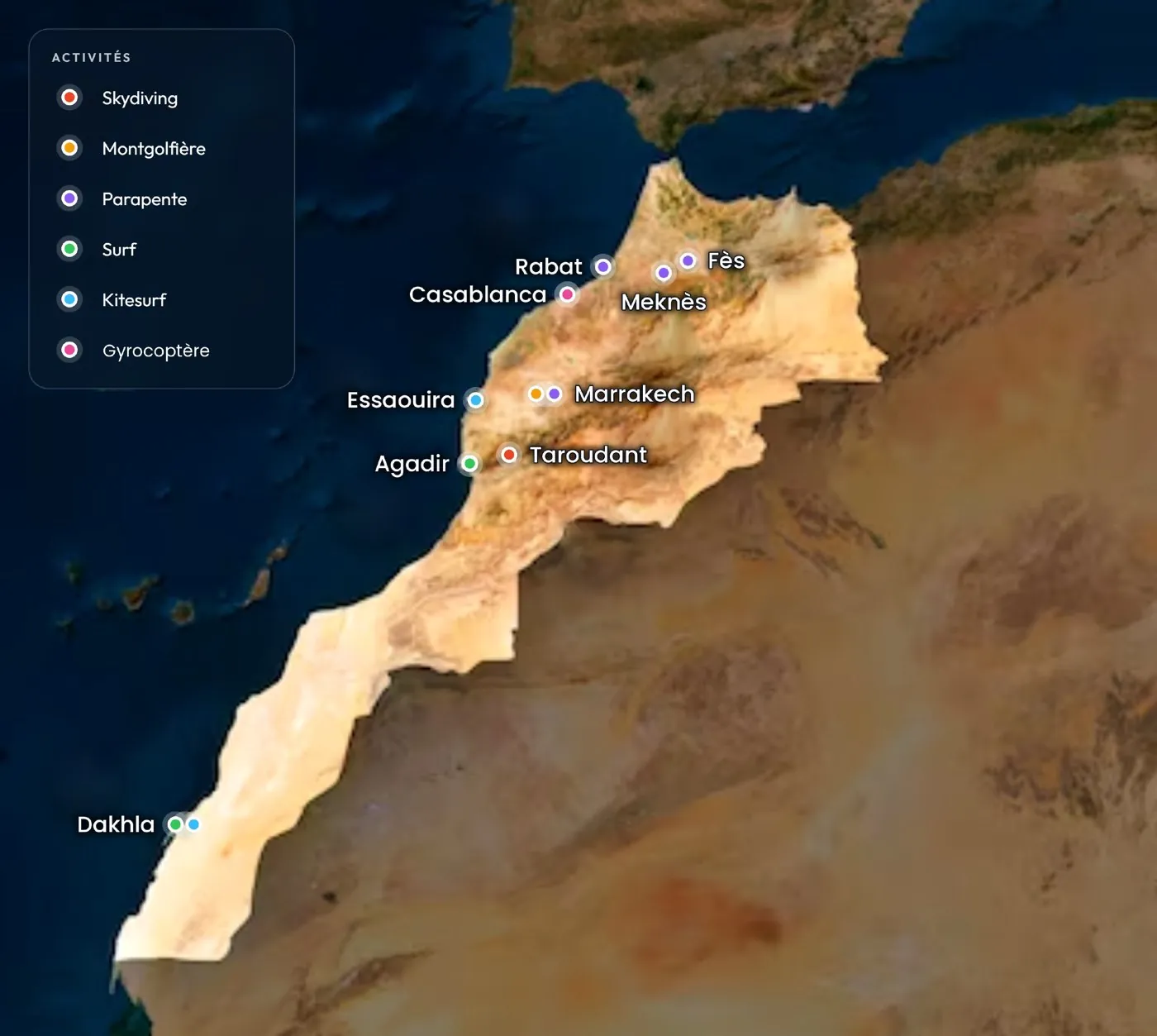 Carte du Maroc des activités Lhayat Experiences