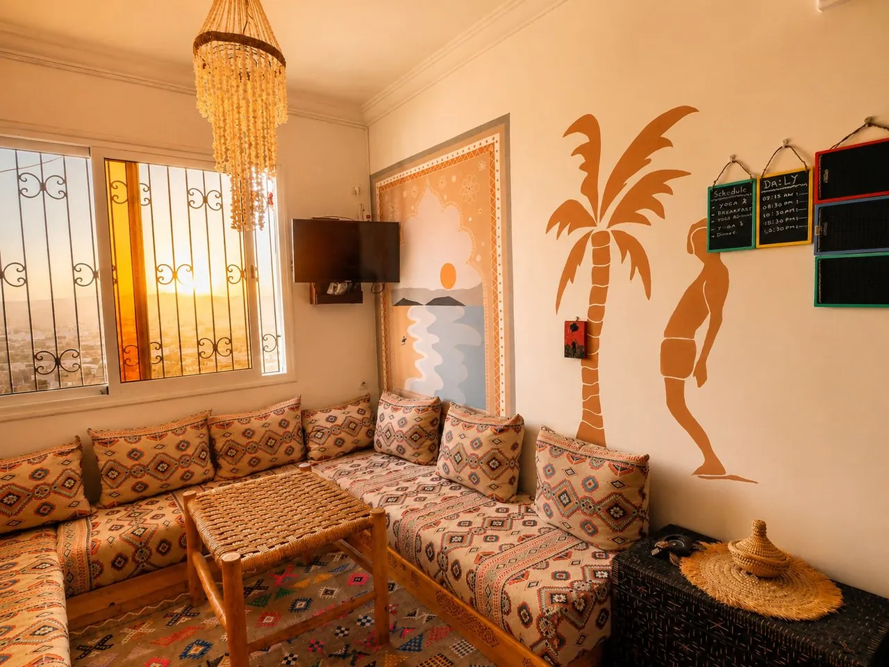 Salon commun marocain avec coussins et palme peinte