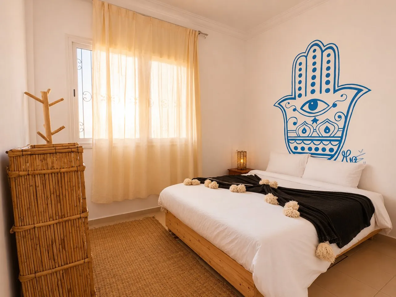 Chambre double avec fresque main de Fatma bleue