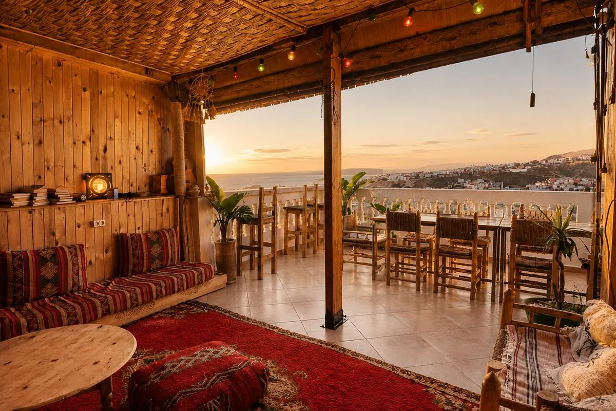Terrasse du surf camp au coucher du soleil avec vue sur l'océan